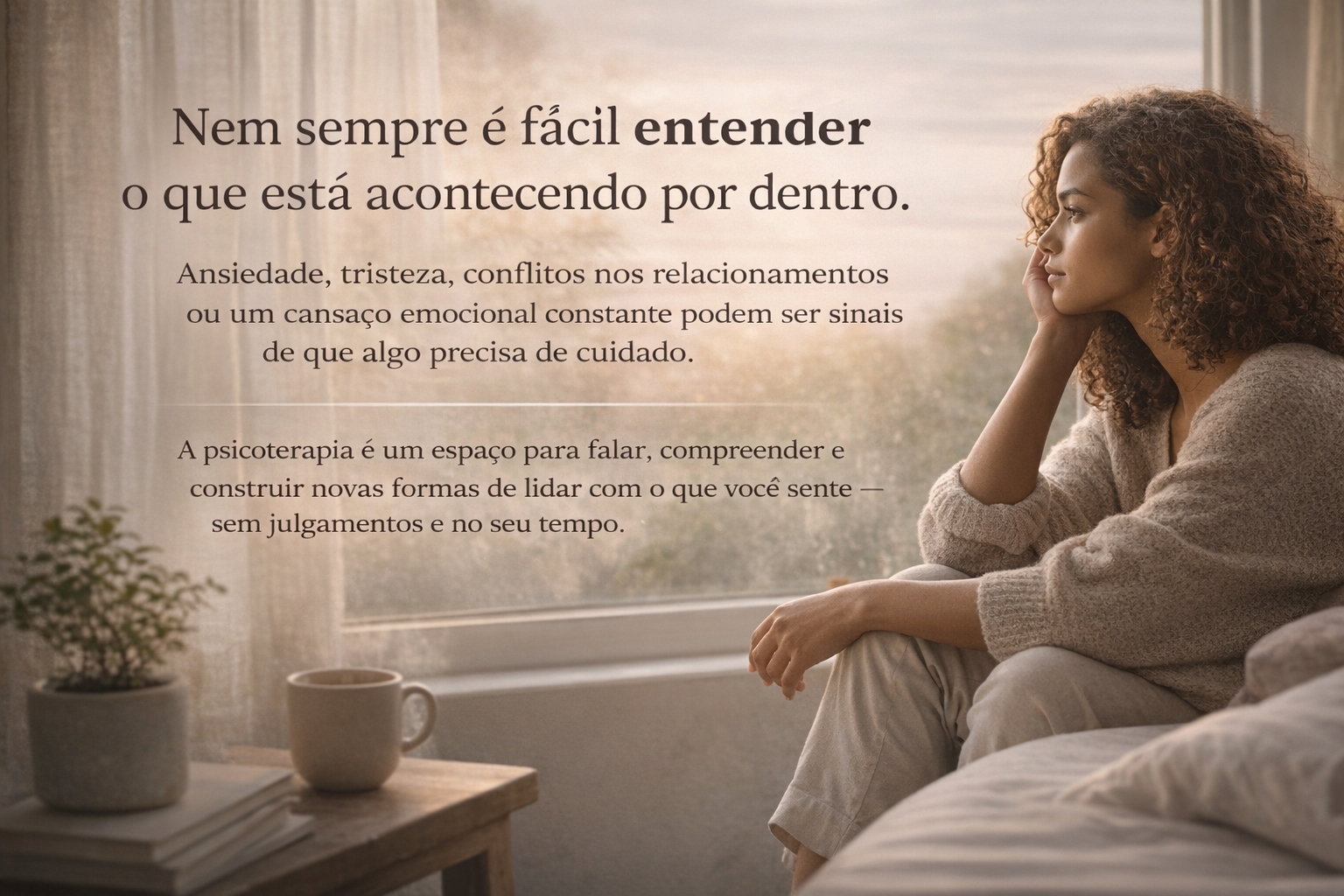 Mulher sentada em um sofá, em um momento de reflexão emocional