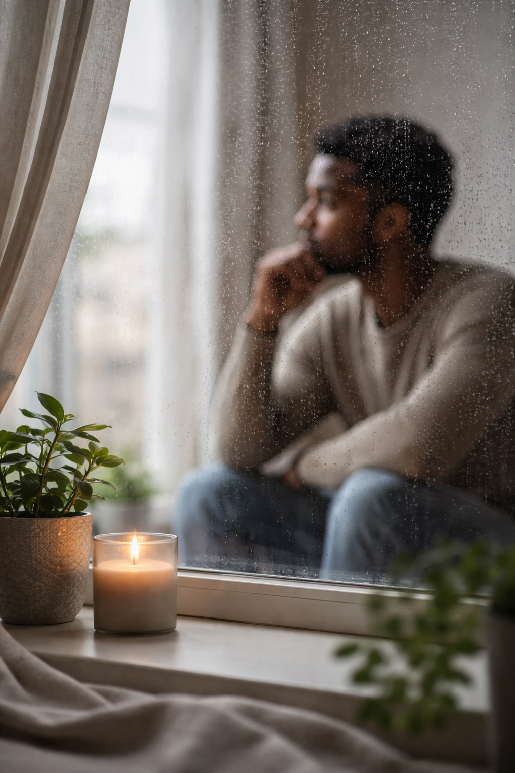 Homem negro em momento de reflexão, sentado perto da janela em um ambiente tranquilo, com chuva ao fundo.