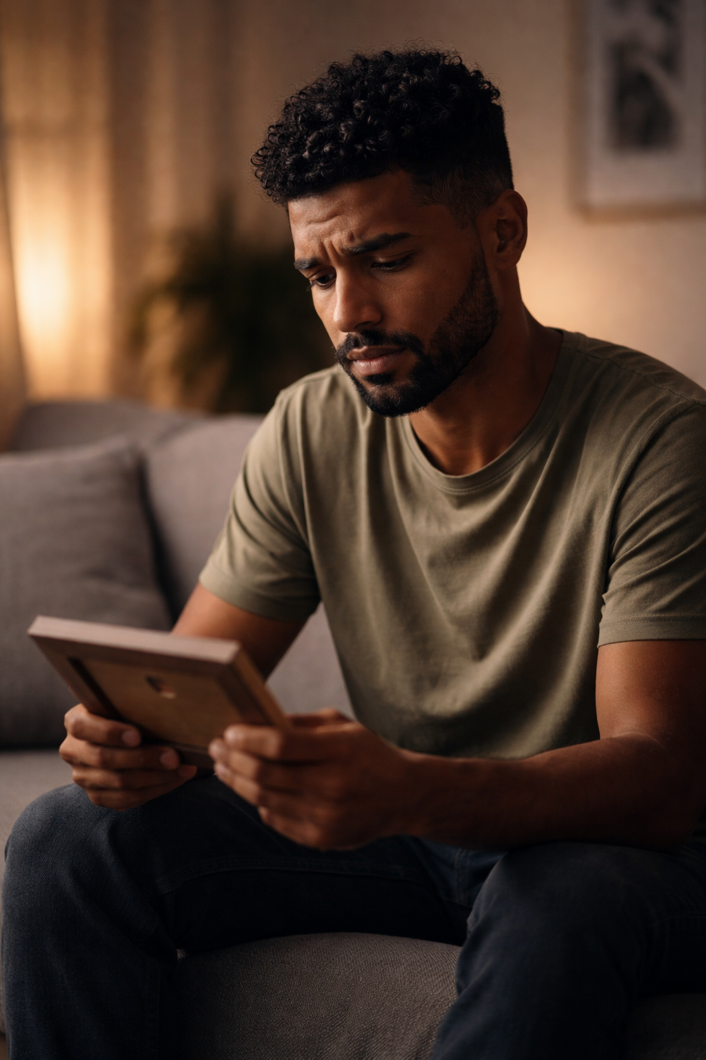 Homem pardo sentado sozinho em um banco de praça, olhando para o chão com expressão pensativa, em um fim de tarde nublado, representando um momento de introspecção emocional.