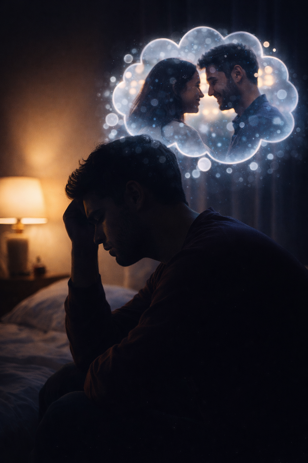 Homem sentado na cama à noite, com expressão triste e pensativa, imaginando a ex feliz com outra pessoa enquanto segura a cabeça com a mão.