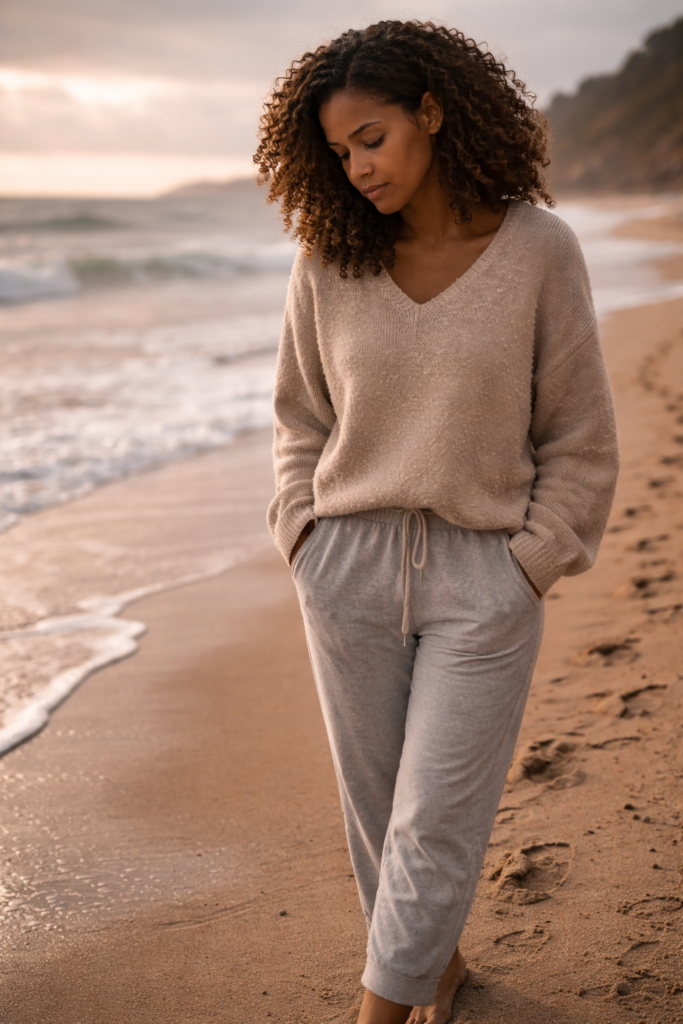 Mulher negra caminhando sozinha na praia representando o luto após o término de um relacionamento