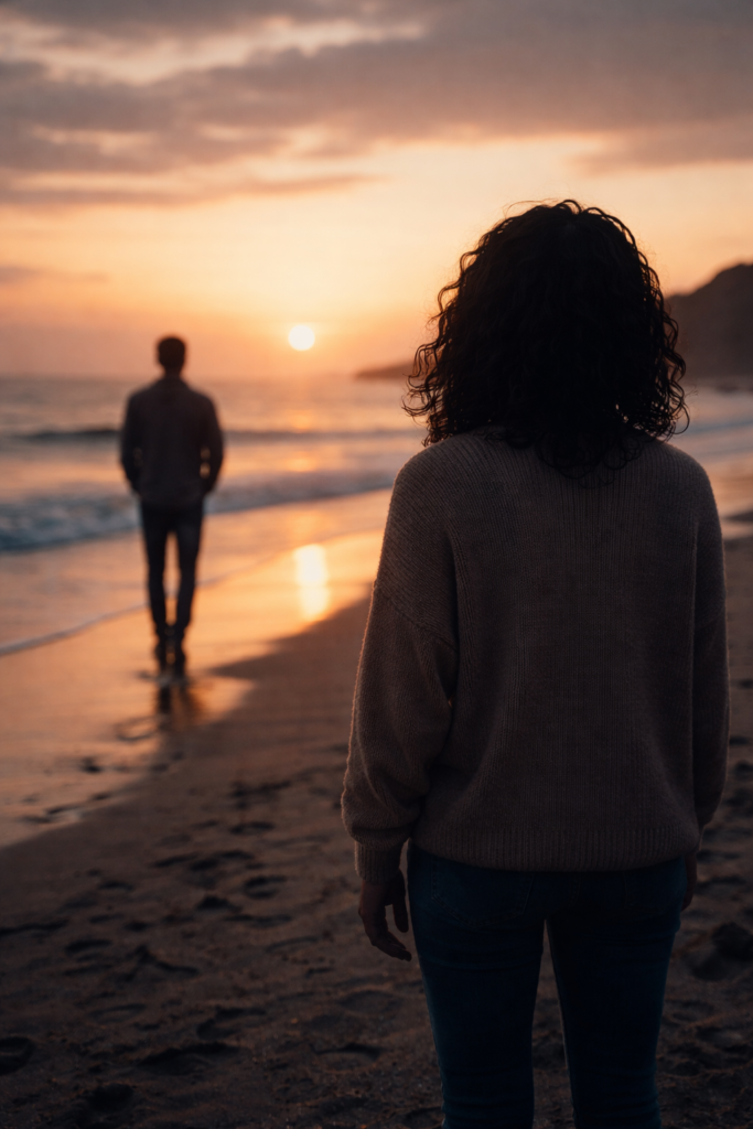 Pessoa observando o ex se afastar na praia ao pôr do sol, representando a dificuldade de aceitar o fim do relacionamento.
