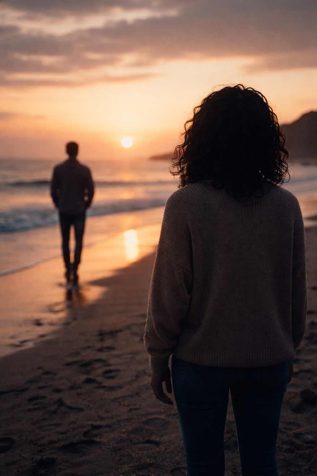Pessoa observando o ex se afastar na praia ao pôr do sol, representando a dificuldade de aceitar o fim do relacionamento.