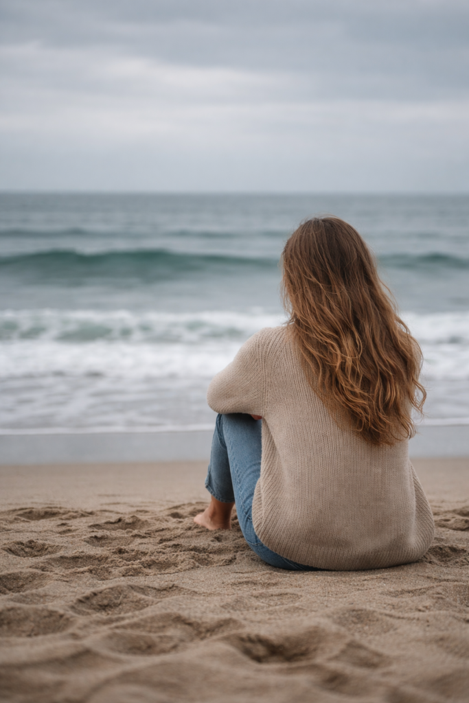 Mulher sentada de costas na praia em dia nublado, olhando para o mar, representando a dor do término que vem em ondas