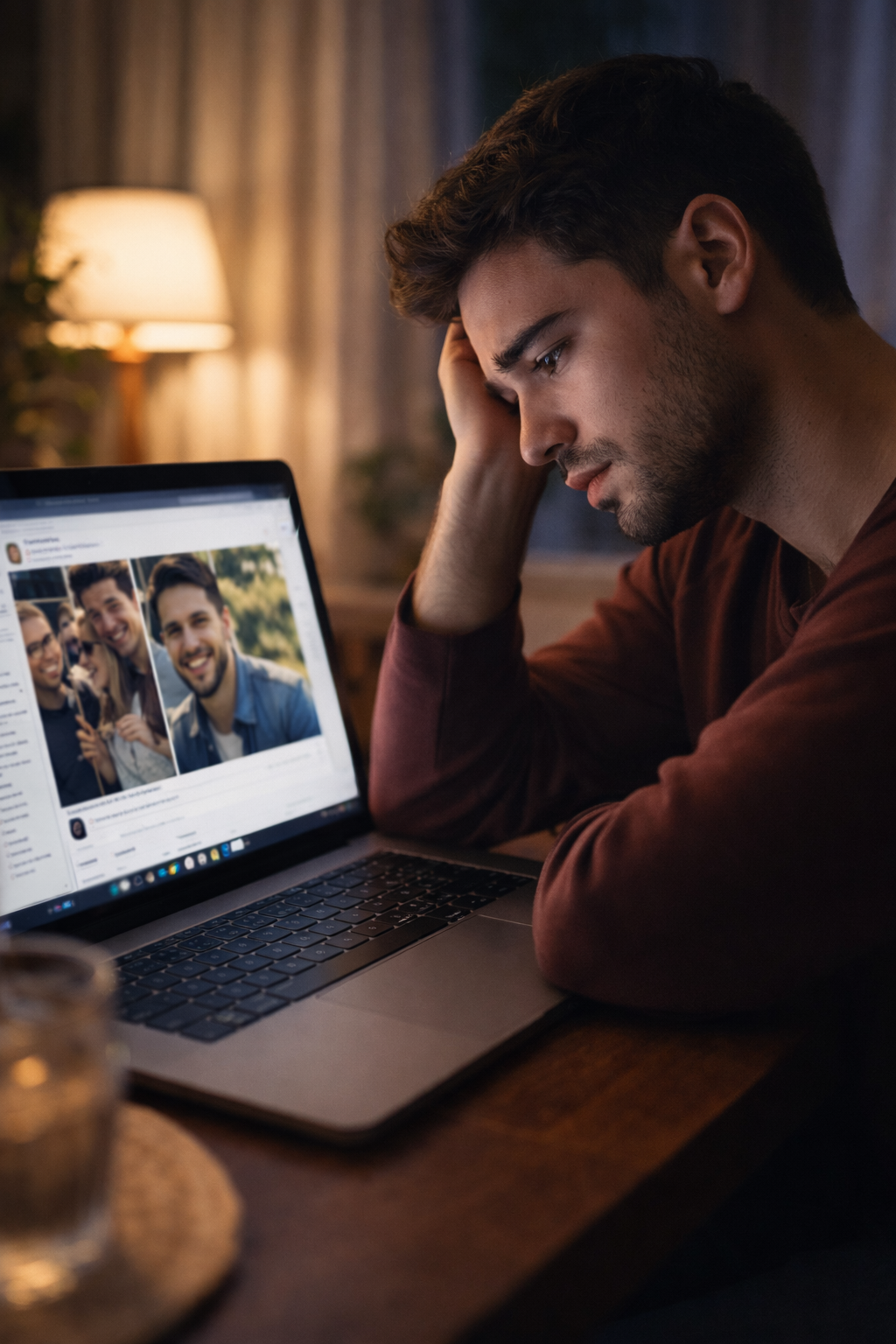 Homem olhando para o computador com expressão triste ao ver fotos do ex-namorado nas redes sociais
