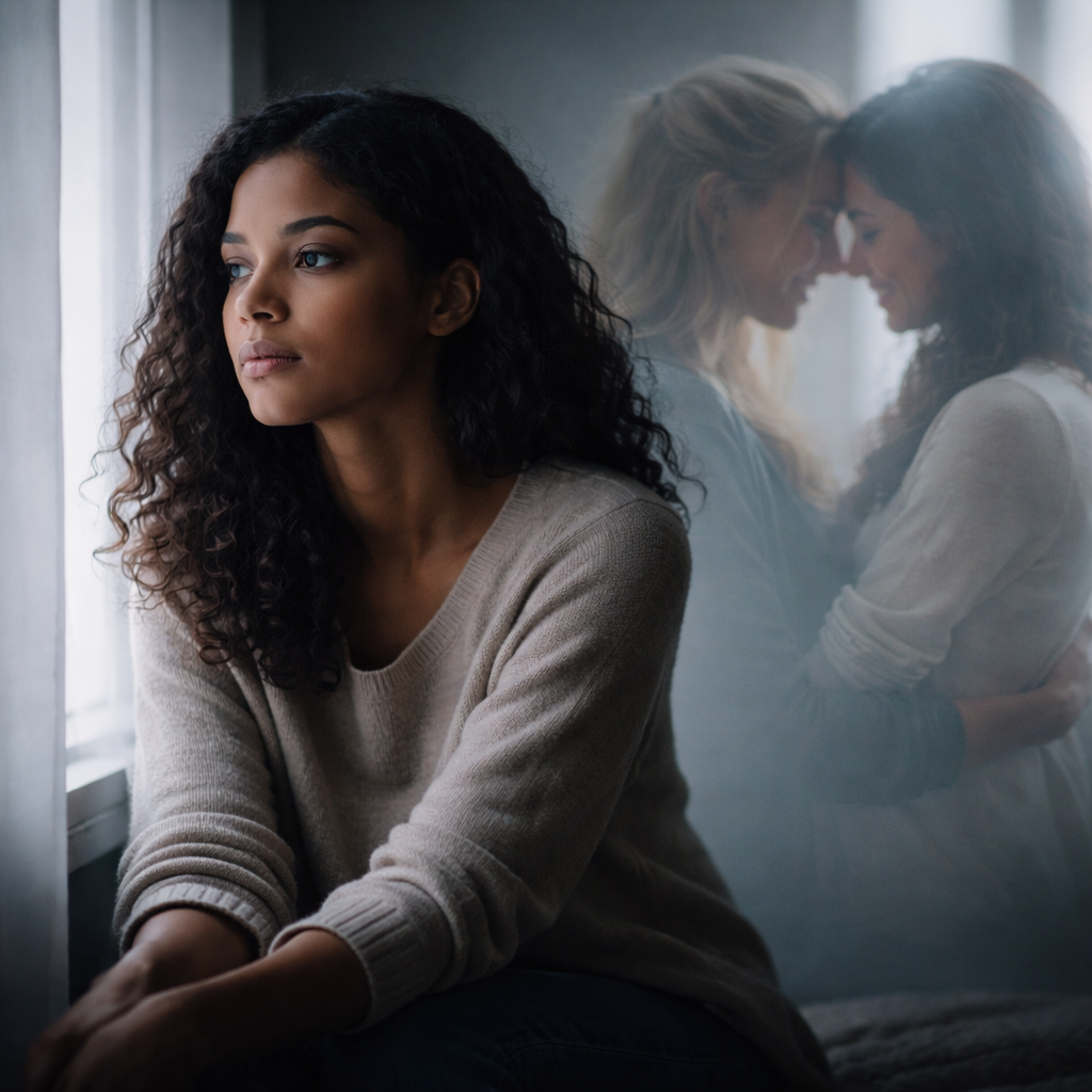Mulher parda olhando pela janela com expressão pensativa enquanto uma imagem translúcida de um casal aparece ao lado, representando a imaginação de voltar com o ex após o término.