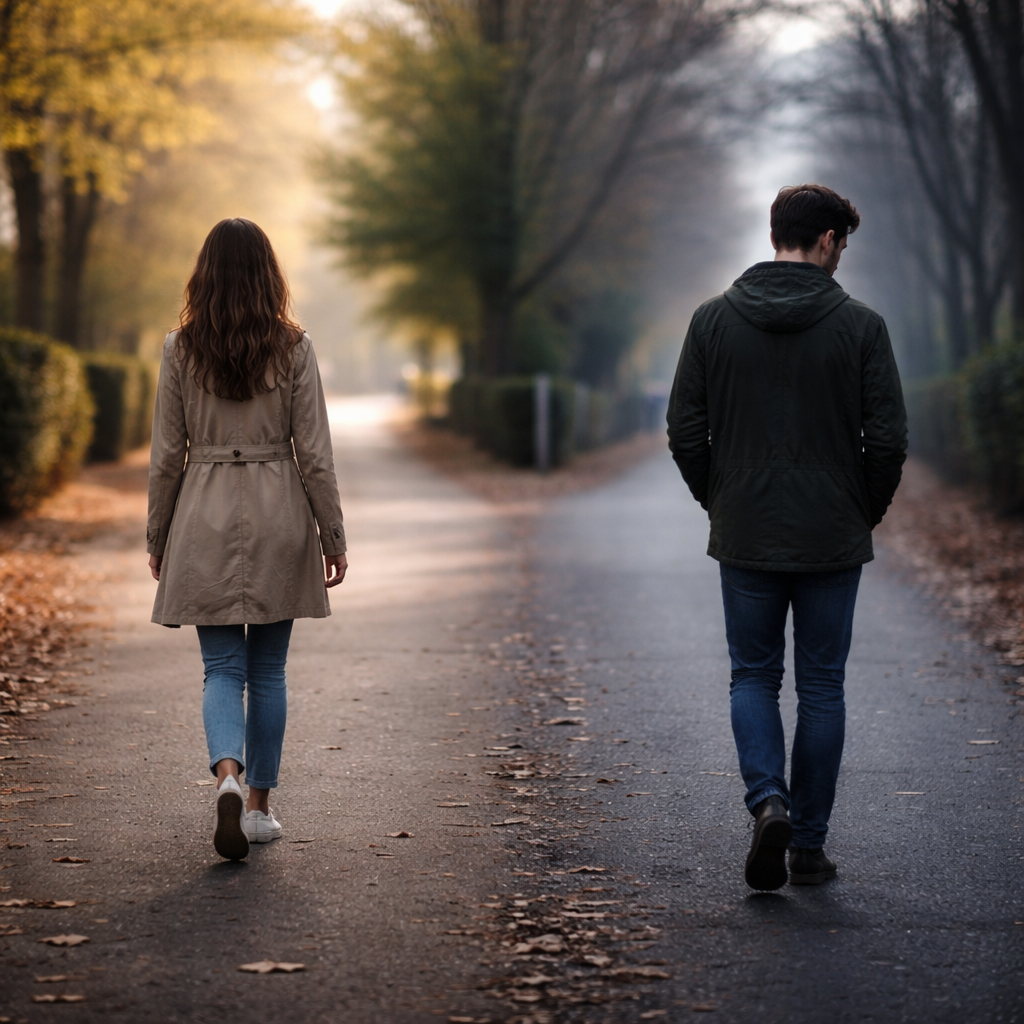 Duas pessoas caminhando em direções opostas em uma rua, simbolizando a sensação de que um ex seguiu em frente mais rápido após o término do relacionamento