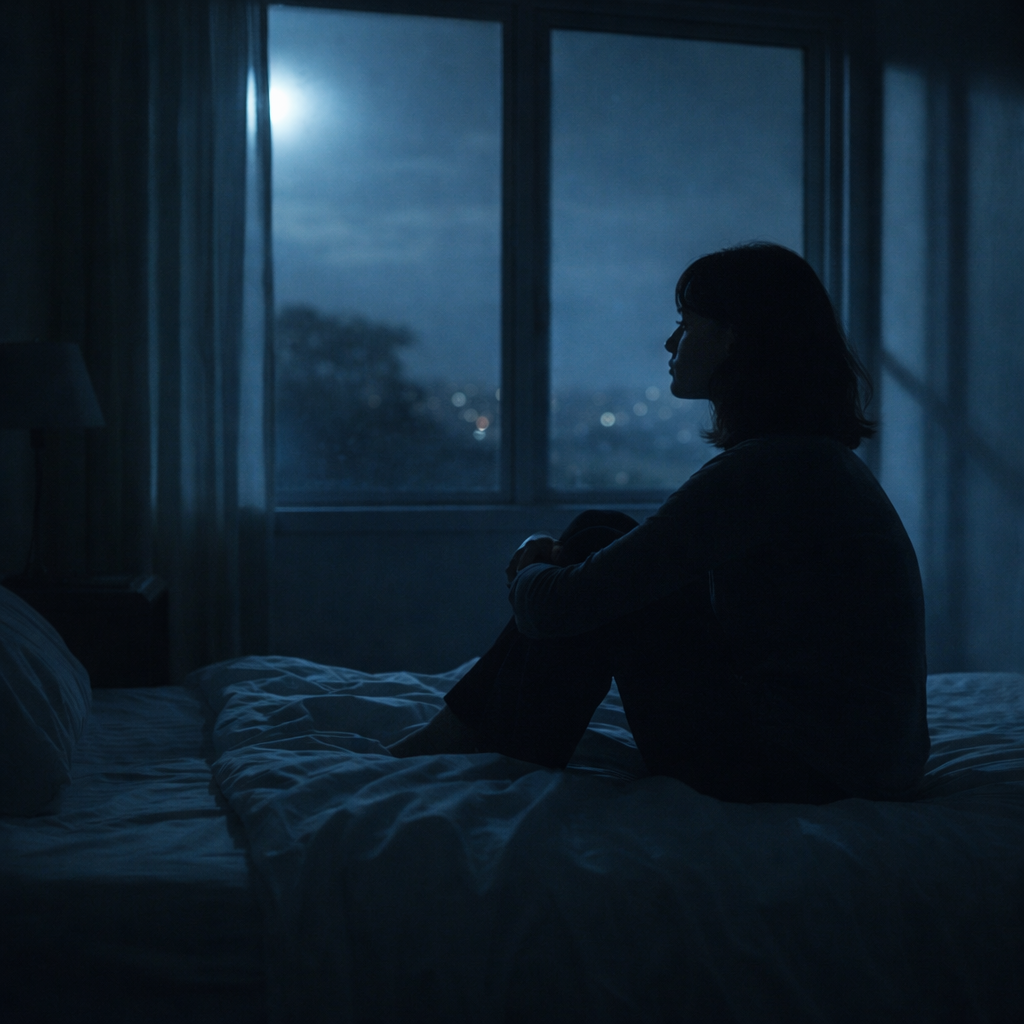 Mulher sentada na cama à noite olhando pela janela com expressão reflexiva, iluminada pela luz da lua em um quarto silencioso, representando a dor emocional após um término.