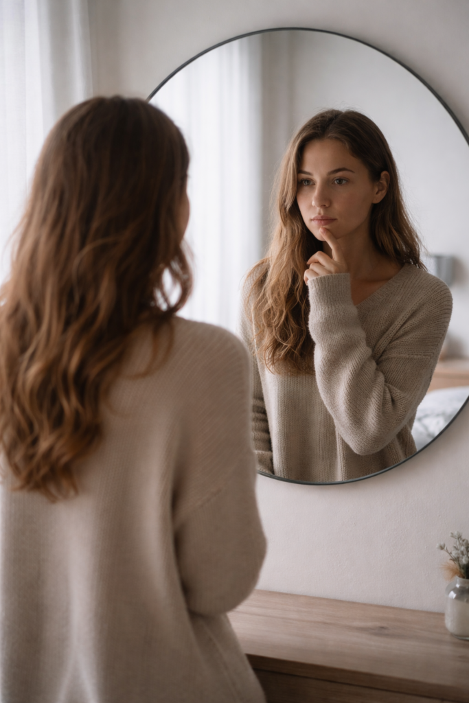 Pessoa em frente ao espelho, em um quarto com luz natural suave, com expressão reflexiva, representando um momento de introspecção após um término amoroso.