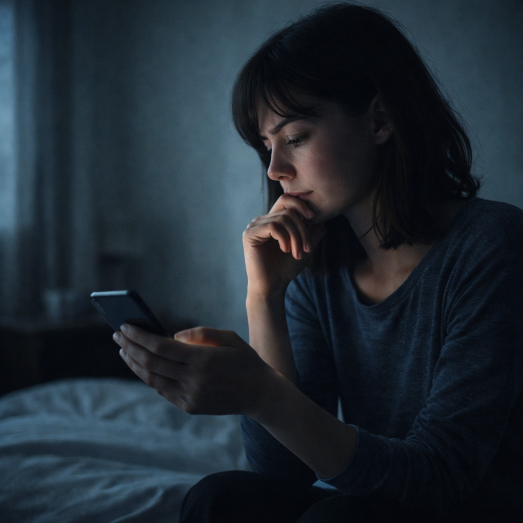 Pessoa olhando para o celular com expressão pensativa, como se estivesse hesitando em enviar uma mensagem para o ex após o término de um relacionamento.