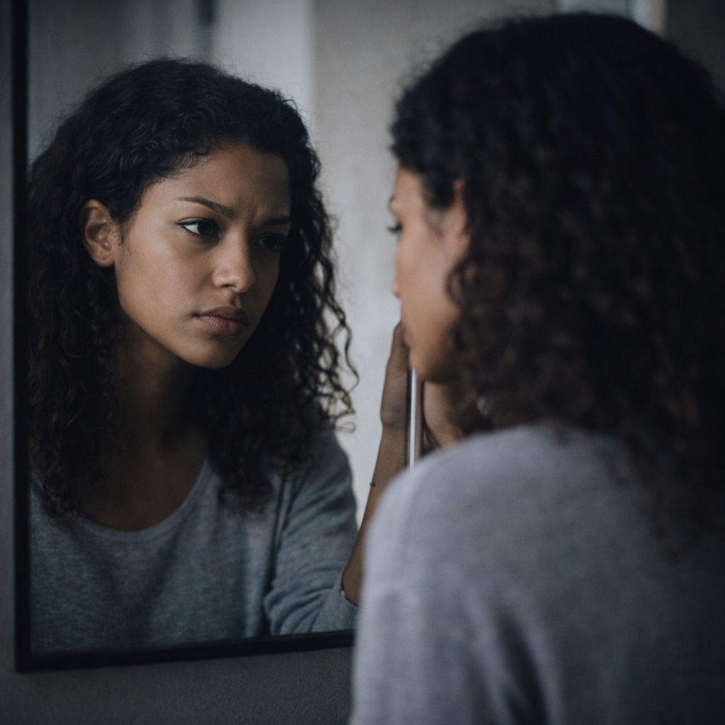 Pessoa olhando para o espelho com expressão crítica e reflexiva, representando a culpa após o término de um relacionamento