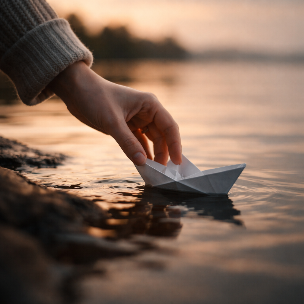 Pessoa soltando um barco de papel na água, simbolizando o processo de aceitar o fim de um relacionamento e deixar ir.