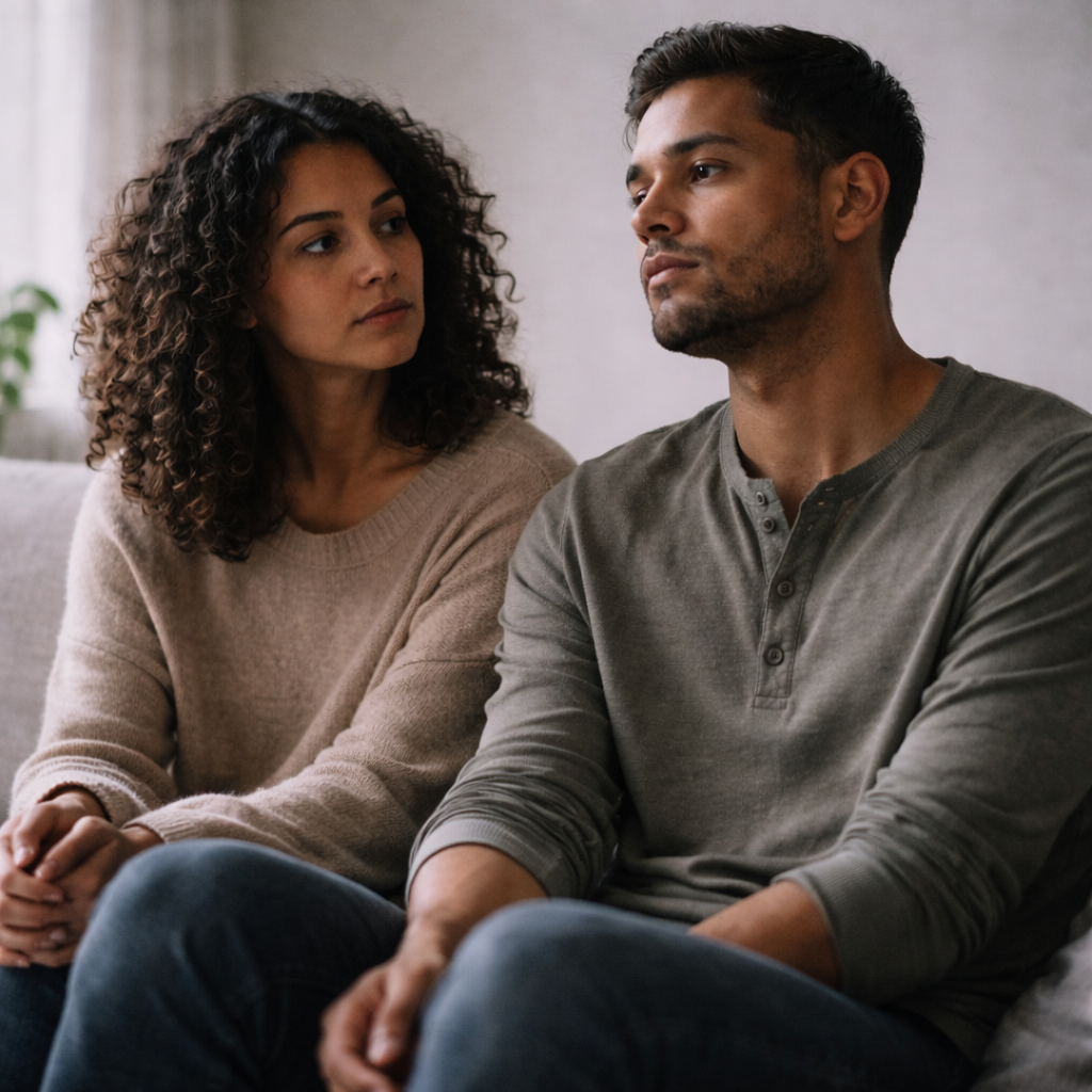 Casal sentado lado a lado, onde uma pessoa demonstra interesse e a outra está distante, representando desequilíbrio emocional no relacionamento.