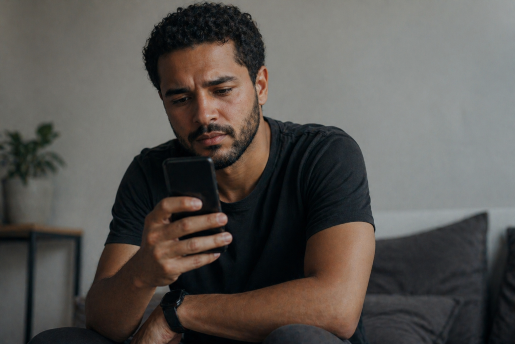 Homem pardo olhando para o celular com expressão de dúvida e expectativa, aguardando uma resposta importante.