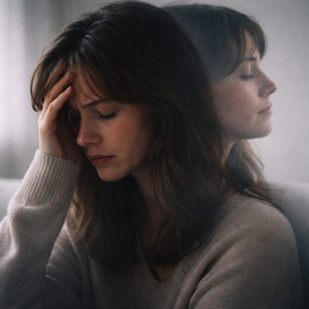 Pessoa com dupla exposição mostrando dois estados emocionais, um intenso e outro calmo, representando a confusão entre intensidade e conexão.