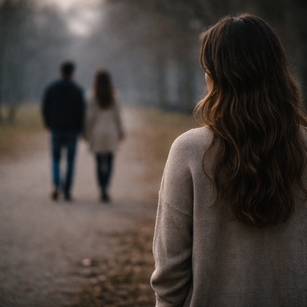 Pessoa observando um casal ao longe com expressão reflexiva, simbolizando a sensação de ter sido substituído após o término