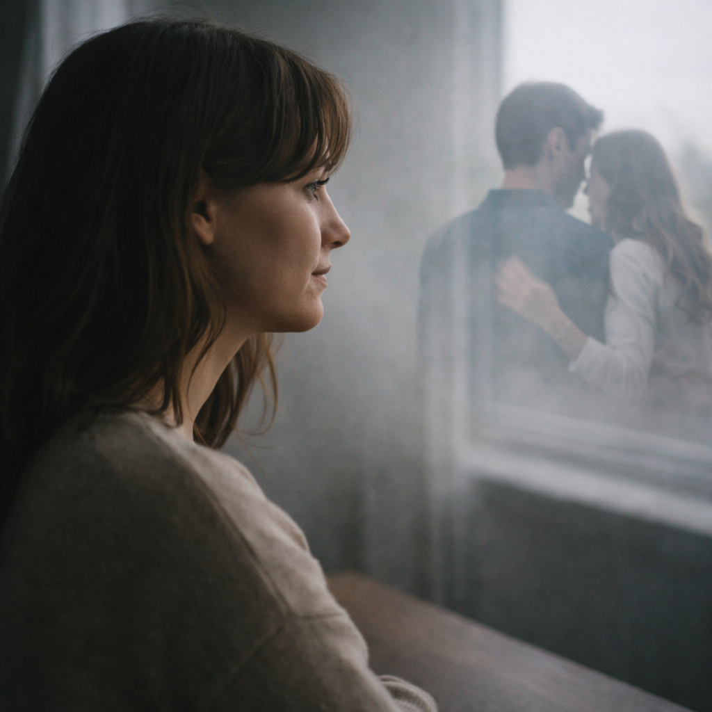 Pessoa olhando à distância com imagem de um casal sobreposta, representando idealização da relação após o término.