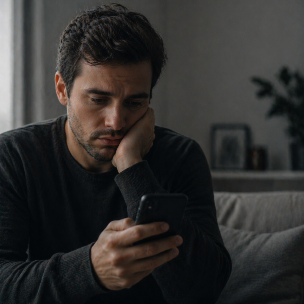 Pessoa olhando para o celular com expressão de expectativa e frustração, aguardando uma resposta que não chega.