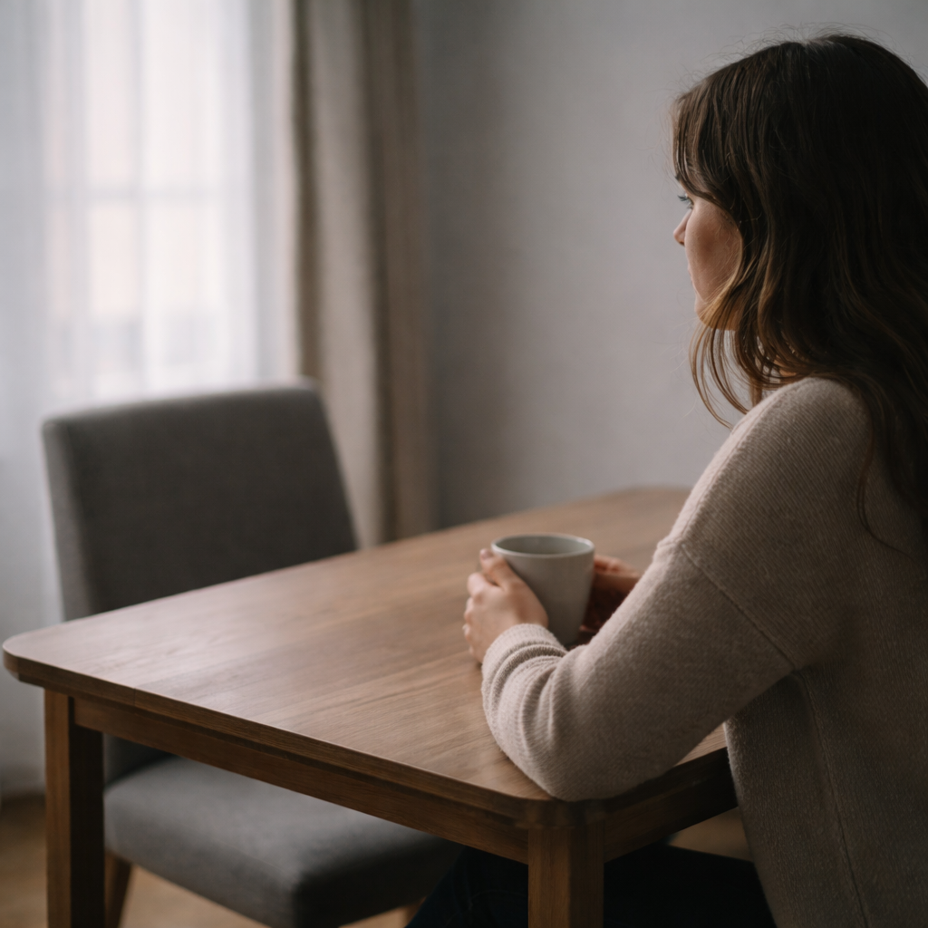Pessoa sentada à mesa com uma cadeira vazia à frente, simbolizando a ausência após o término de um relacionamento.