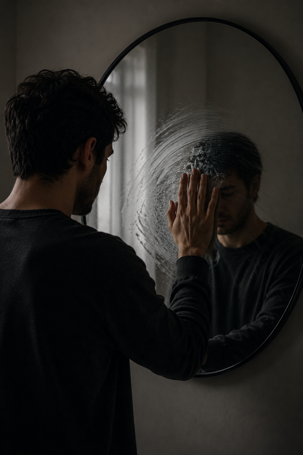 Homem tocando o próprio reflexo parcialmente apagado no espelho, simbolizando autoabandono emocional para manter uma relação.