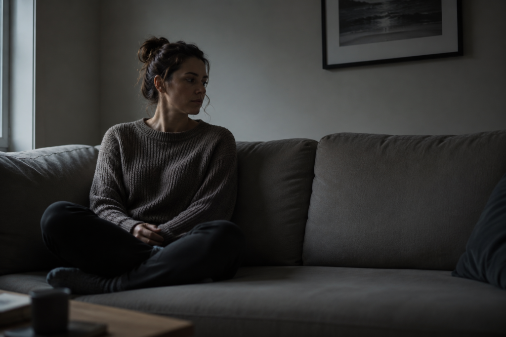 Mulher sentada sozinha em um sofá olhando para o espaço vazio ao lado, simbolizando a ausência de atenção e conexão emocional após um afastamento.