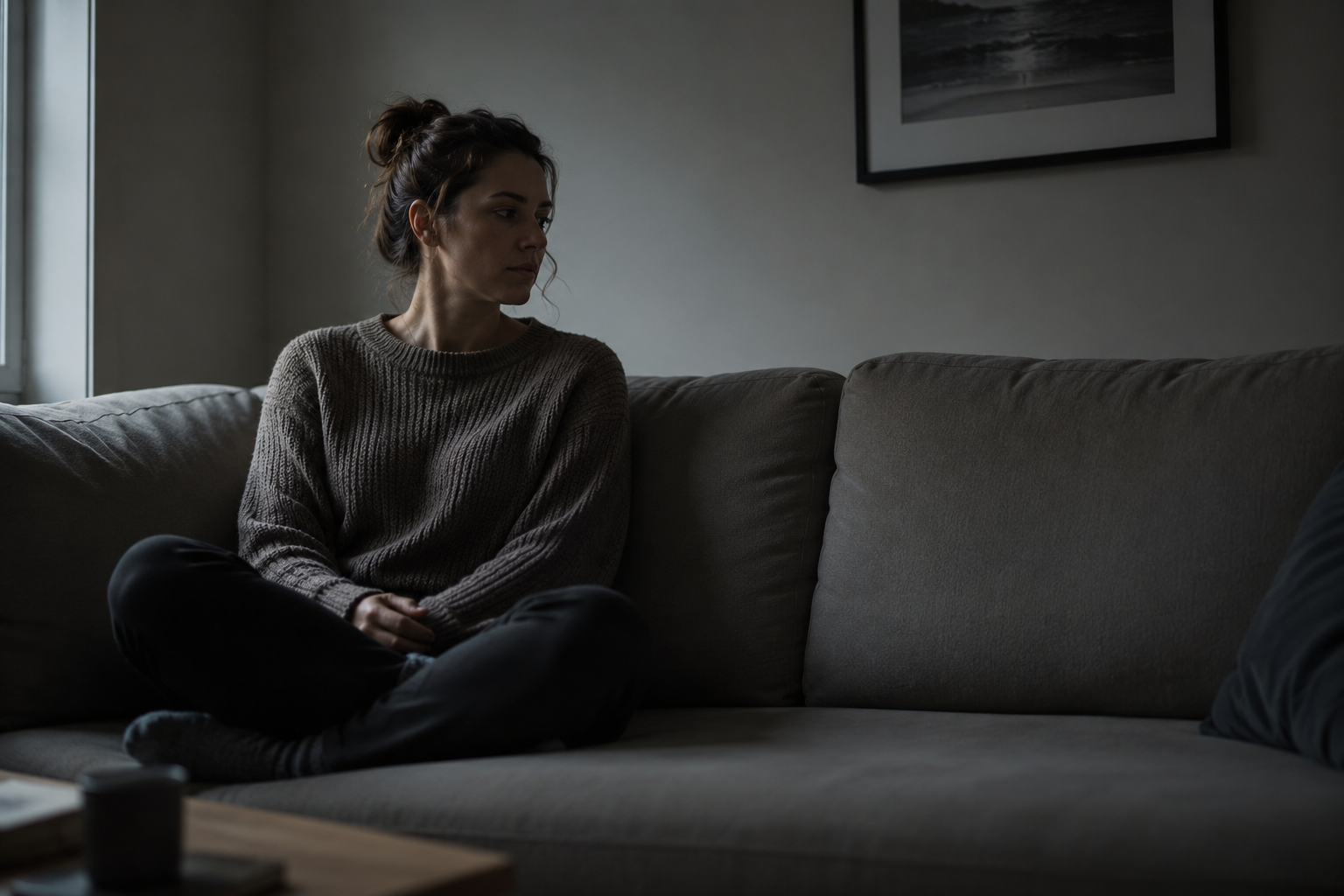 Mulher sentada sozinha em um sofá olhando para o espaço vazio ao lado, simbolizando a ausência de atenção e conexão emocional após um afastamento.