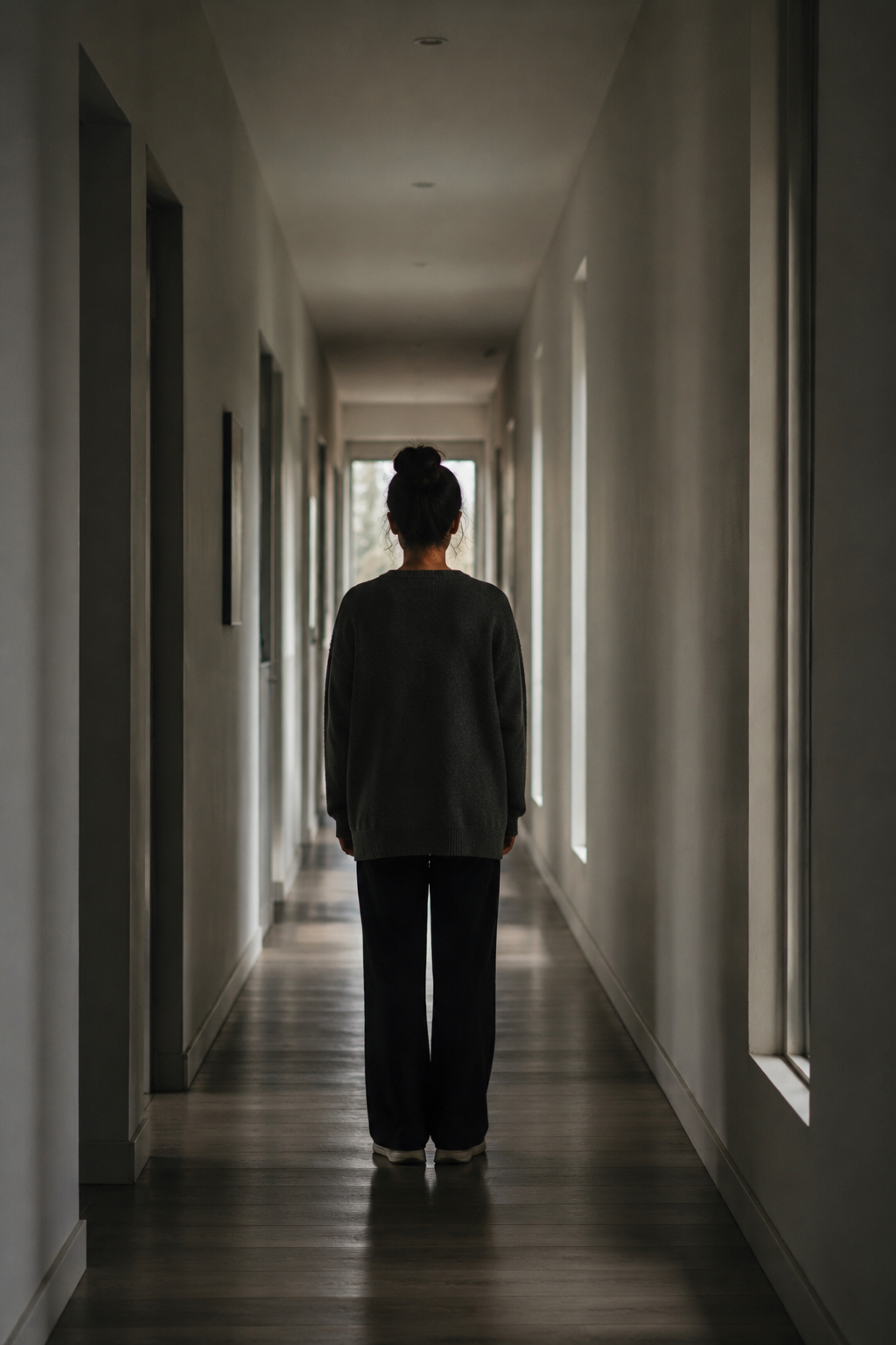 Pessoa sozinha em um corredor longo e silencioso, simbolizando distância emocional e o sofrimento causado pelo silêncio do outro
