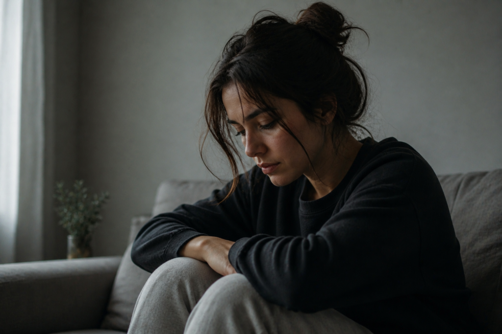 uma mulher sentada sozinha olhando para baixo com expressão reflexiva e emocional, como se estivesse pensando sobre o fim de um relacionamento
