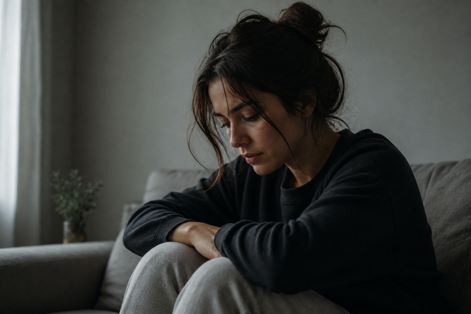 uma mulher sentada sozinha olhando para baixo com expressão reflexiva e emocional, como se estivesse pensando sobre o fim de um relacionamento