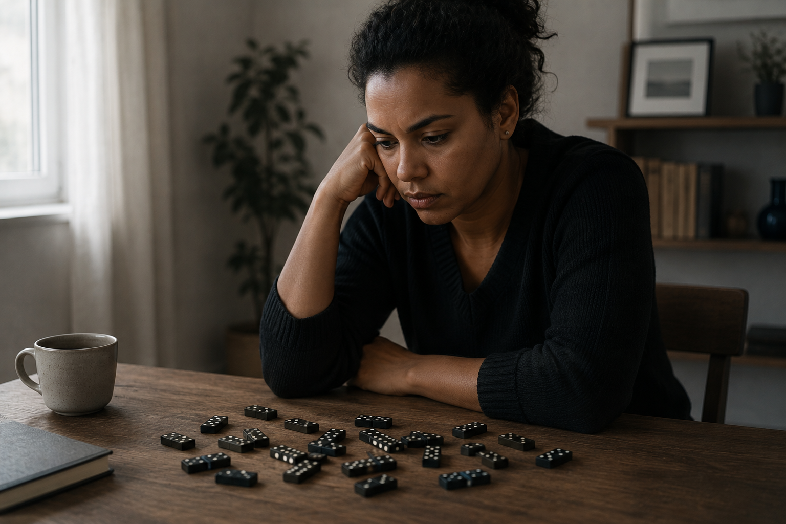 Mulher parda observando peças de dominó caídas sobre uma mesa, com expressão reflexiva e pensativa, simbolizando a tentativa de entender o que levou ao fim de uma relação e a necessidade de encontrar um culpado.