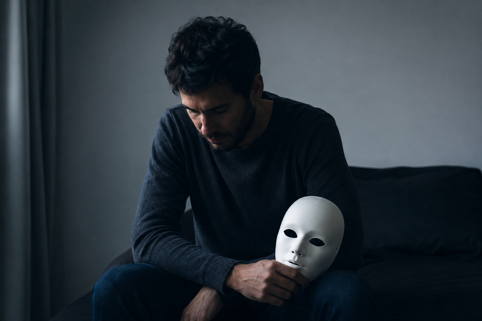 Homem sentado segurando uma máscara branca ao lado do corpo, olhando para baixo com expressão reflexiva, simbolizando a necessidade de parecer bem enquanto esconde o sofrimento emocional.