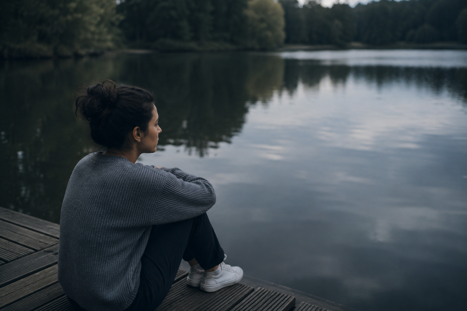 Mulher sentada sozinha à beira de um lago observando a água com expressão tranquila e contemplativa, simbolizando a aceitação das emoções e o processo de seguir em frente sem precisar deixar de sentir.