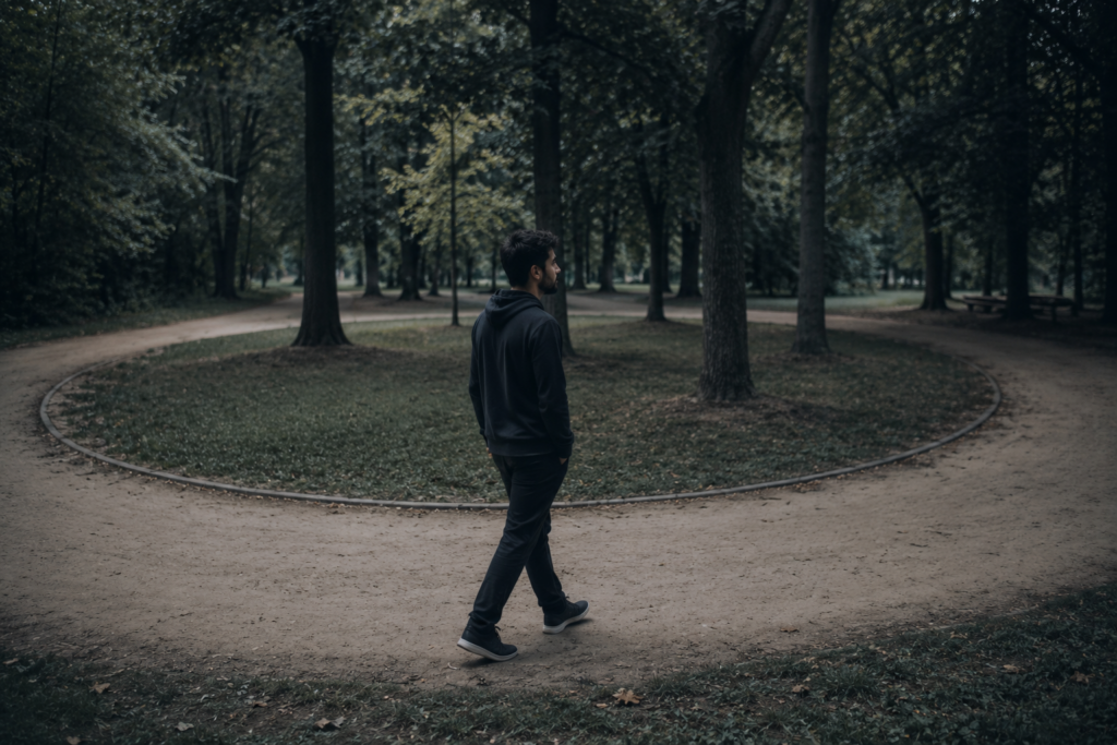 Homem caminhando sozinho por uma trilha circular em um parque, com expressão contemplativa, simbolizando a sensação de reviver o mesmo término repetidamente e a dificuldade de seguir em frente.