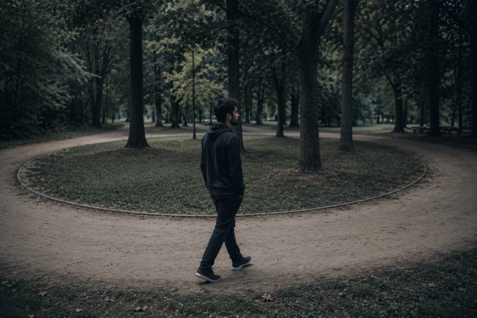 Homem caminhando sozinho por uma trilha circular em um parque, com expressão contemplativa, simbolizando a sensação de reviver o mesmo término repetidamente e a dificuldade de seguir em frente.