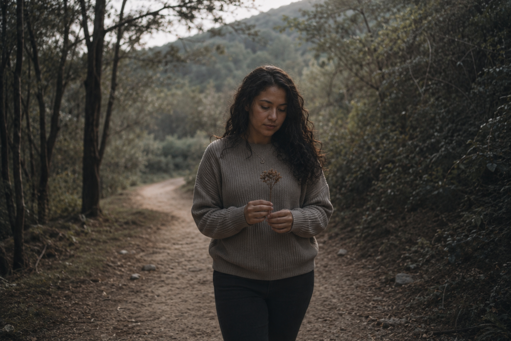Mulher parda caminhando por uma trilha em meio à natureza enquanto segura delicadamente uma flor seca nas mãos, com expressão serena e reflexiva, simbolizando a possibilidade de seguir em frente sem abandonar a importância de quem amou.