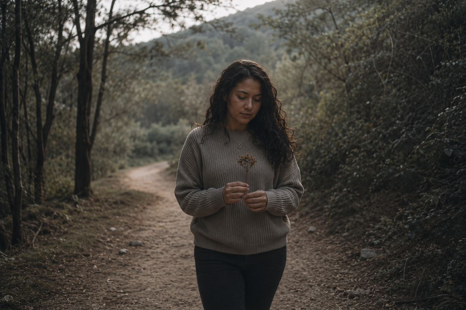 Mulher parda caminhando por uma trilha em meio à natureza enquanto segura delicadamente uma flor seca nas mãos, com expressão serena e reflexiva, simbolizando a possibilidade de seguir em frente sem abandonar a importância de quem amou.