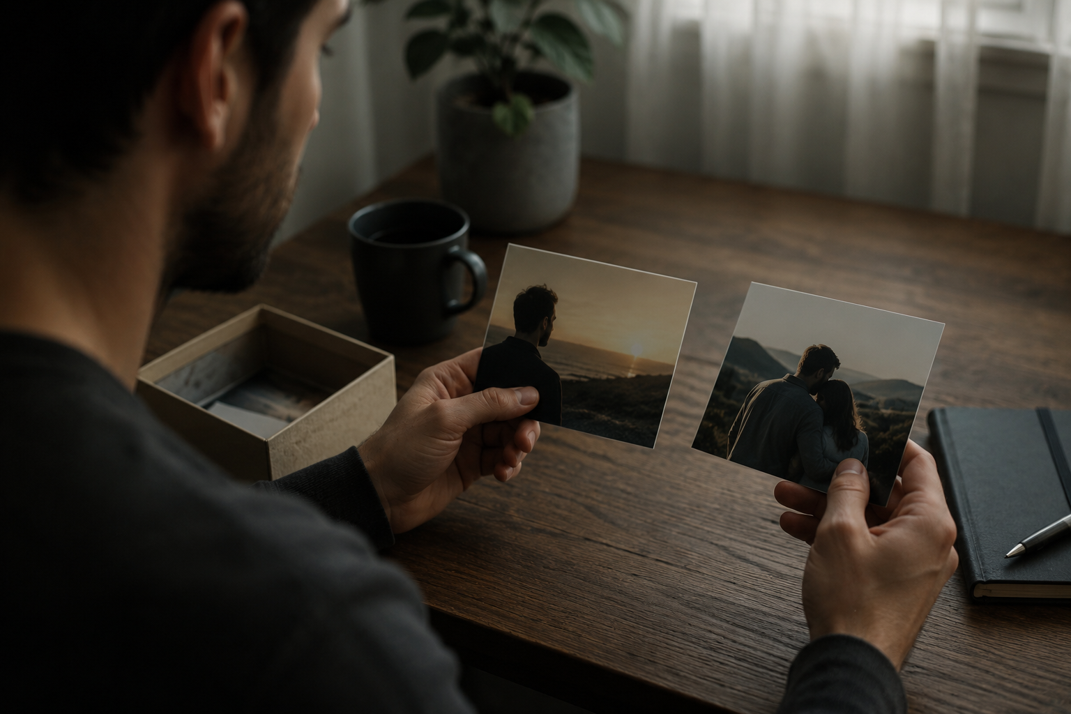 Homem observando duas fotografias de momentos diferentes da vida, com expressão reflexiva e melancólica, simbolizando a comparação entre o presente e as lembranças do passado.
