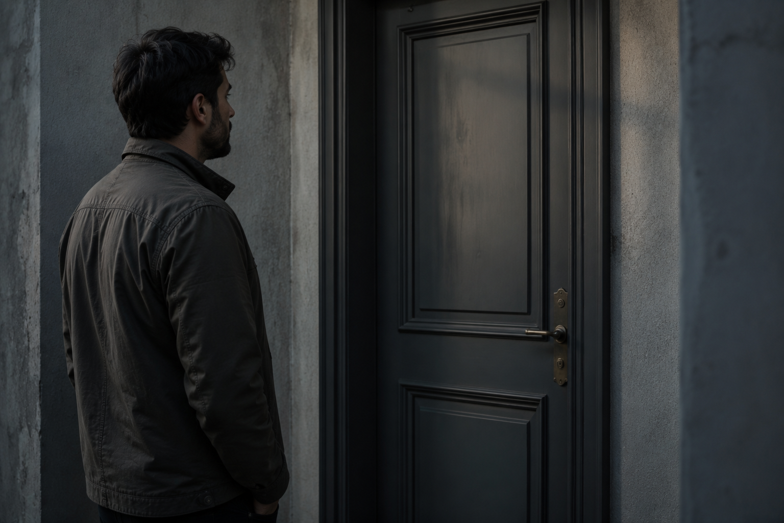 Homem parado diante de uma porta fechada, observando-a com expressão reflexiva e esperançosa, simbolizando a espera por um sinal após o fim de uma relação.