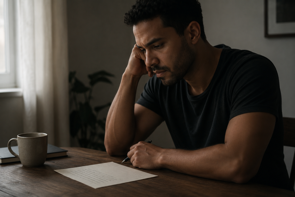 Homem pardo sentado diante de uma carta parcialmente escrita, com expressão reflexiva e emocional, simbolizando a sensação de que ainda existe algo para resolver em uma história do passado.