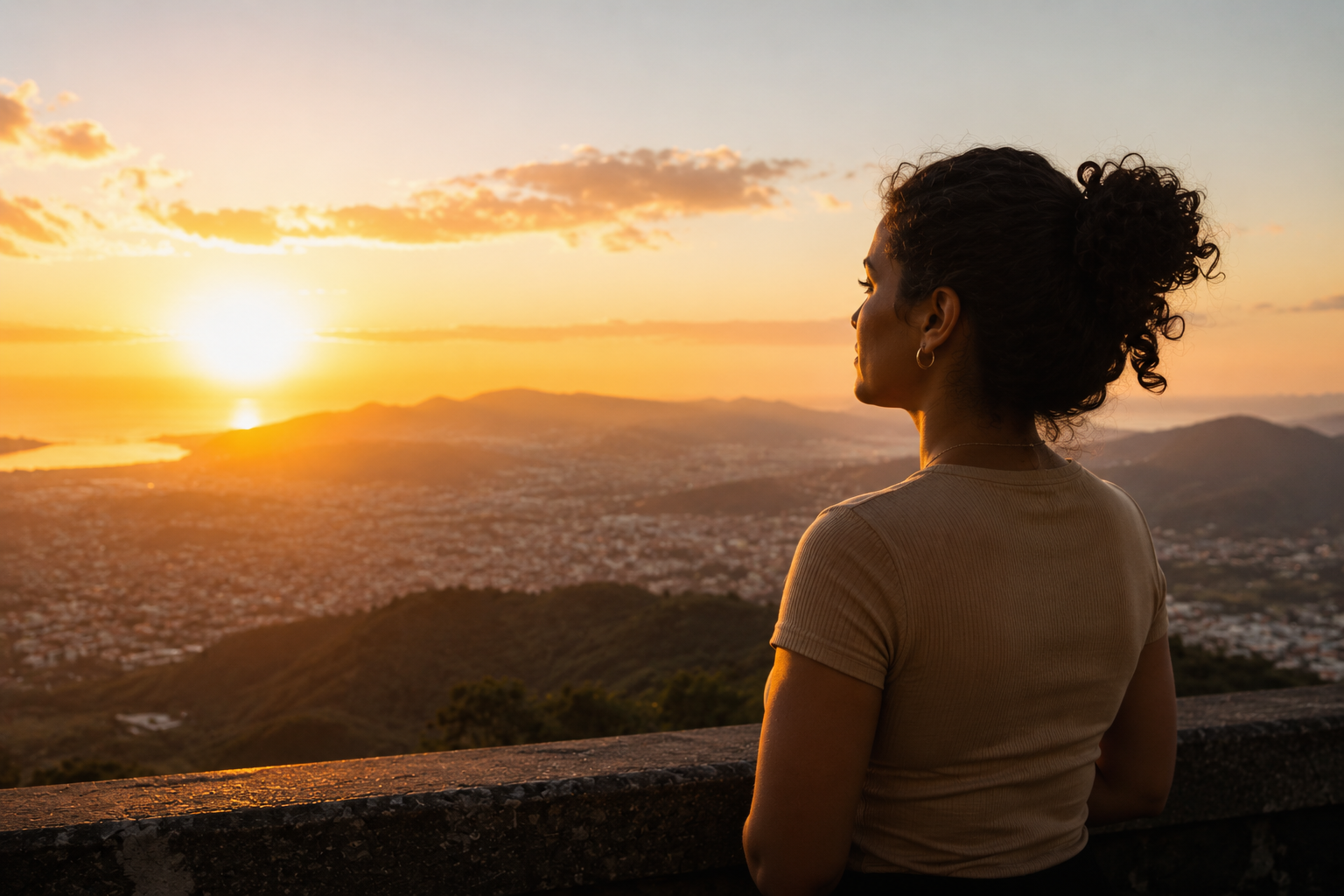 Mulher parda em pé em um mirante observando o nascer do sol, com expressão serena e contemplativa, simbolizando a reconstrução emocional e a retomada da própria vida após uma perda amorosa.
