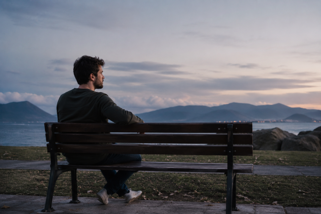 Homem branco sentado sozinho em um banco de praça, com um espaço vazio ao seu lado, olhando para o horizonte com expressão tranquila e contemplativa, simbolizando a saudade de uma pessoa sem o desejo de retomar o relacionamento.