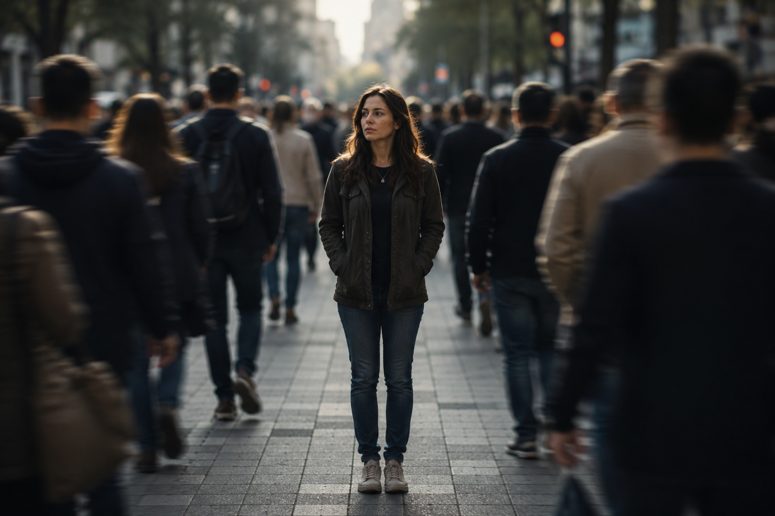 Mulher branca parada entre duas filas de pessoas caminhando em direções opostas, com expressão contemplativa, simbolizando a sensação de que o mundo seguiu em frente enquanto ela permanece presa ao próprio processo de luto.