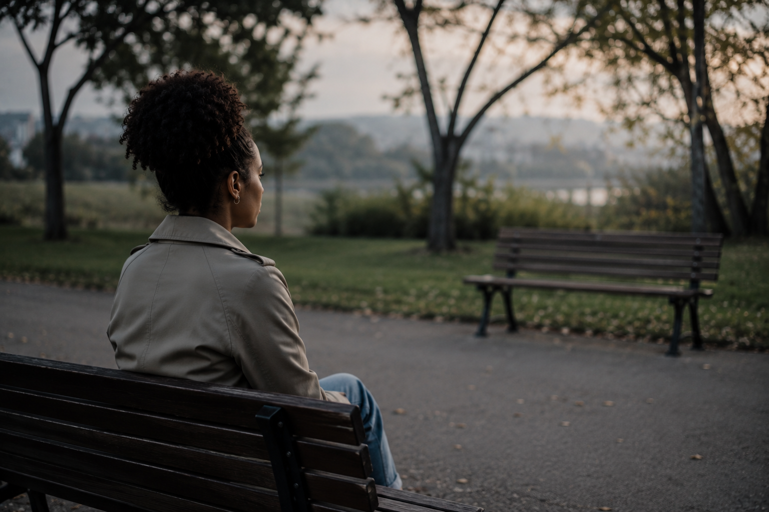 Mulher negra sentada sozinha em um parque, observando um banco vazio à sua frente com expressão contemplativa, simbolizando o silêncio deixado pelo fim de um relacionamento e a busca por respostas que talvez nunca cheguem.