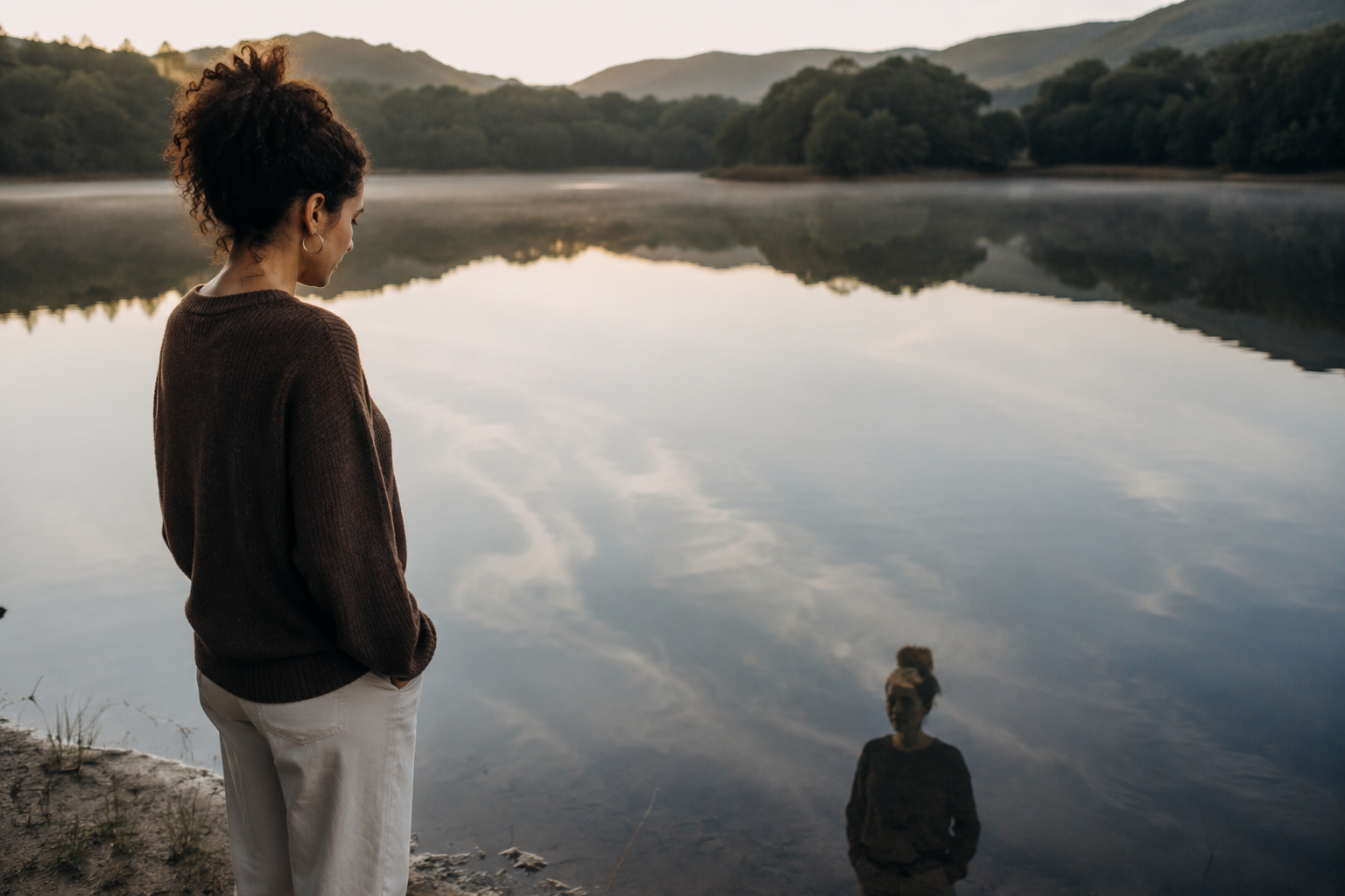 Mulher parda em pé à beira de um lago calmo, observando o próprio reflexo na água com expressão serena e reflexiva, simbolizando a redescoberta da identidade e a reconstrução de si após o término de um relacionamento.