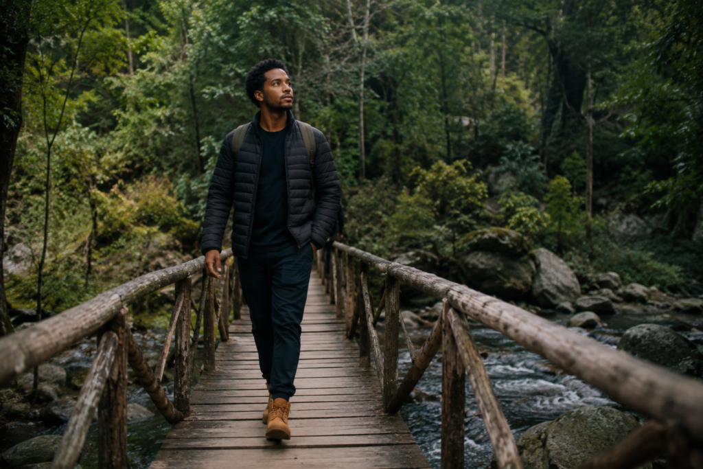 Homem negro atravessando lentamente uma pequena ponte de madeira sobre um riacho em meio à natureza, com expressão serena e esperançosa, simbolizando a retomada da vida mesmo antes de a dor desaparecer completamente.