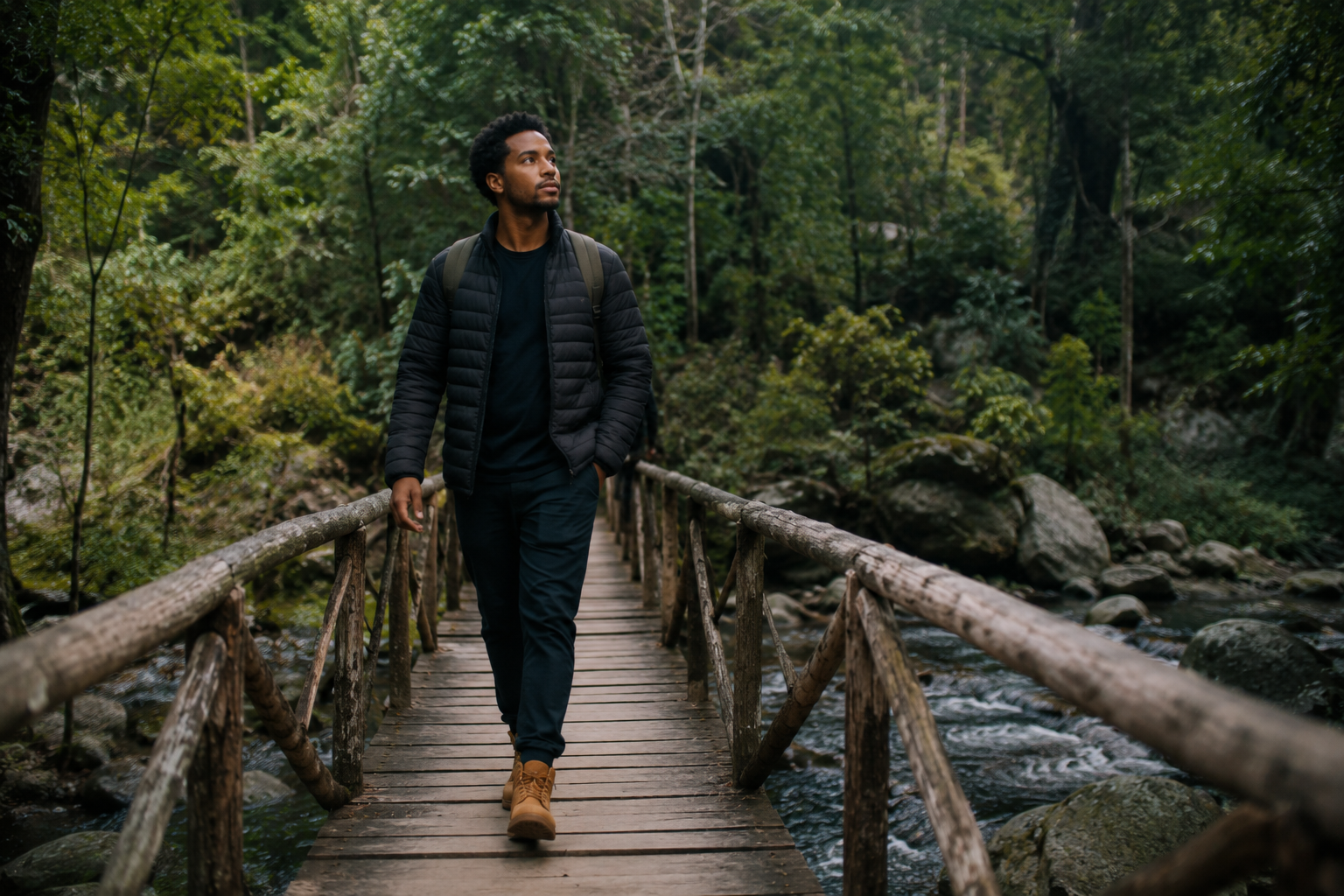 Homem negro atravessando lentamente uma pequena ponte de madeira sobre um riacho em meio à natureza, com expressão serena e esperançosa, simbolizando a retomada da vida mesmo antes de a dor desaparecer completamente.
