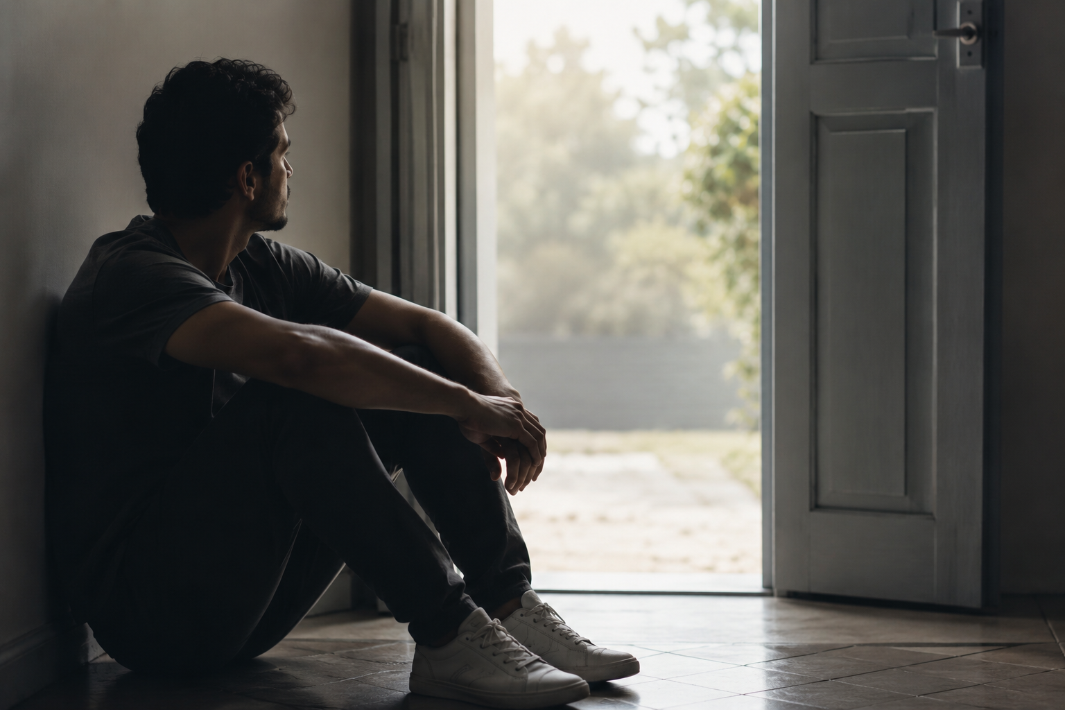 Homem pardo sentado próximo a uma porta aberta por onde entra luz natural, olhando para a saída com expressão contemplativa e hesitante, simbolizando a dificuldade de dar a si mesmo a permissão para seguir em frente após um término.