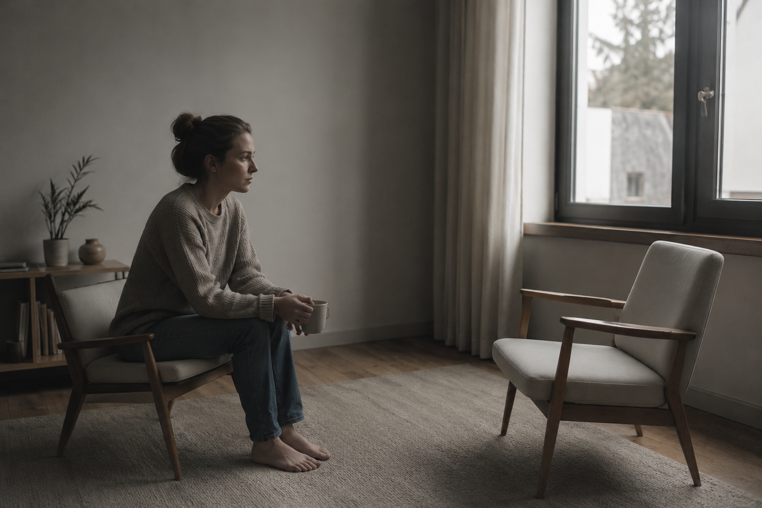 Mulher sentada em uma sala minimalista, olhando de forma contemplativa para uma cadeira vazia à sua frente, em ambiente silencioso com iluminação natural suave