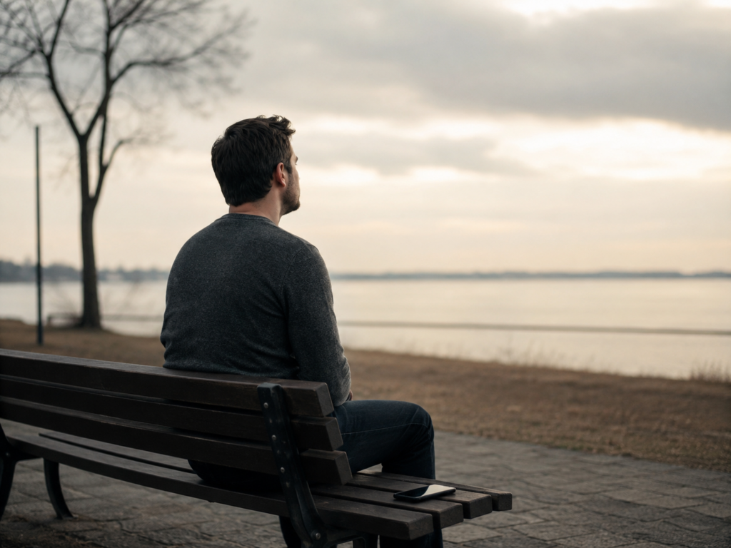 Homem sentado sozinho em um banco de praça, olhando para o horizonte em uma paisagem tranquila e nublada. Um celular está apoiado ao seu lado, enquanto ele permanece em postura contemplativa.