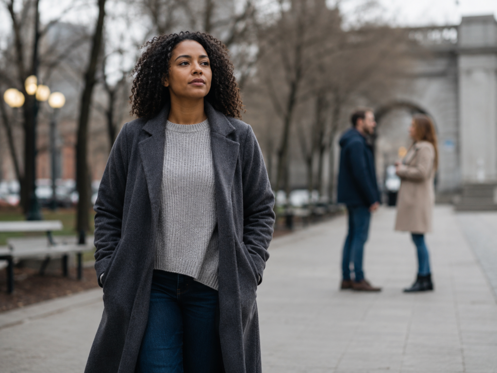 Mulher negra caminhando sozinha por uma praça, com expressão serena e olhar voltado para a frente. Ao fundo, duas pessoas aparecem desfocadas conversando, reforçando a sensação de seguir em frente com tranquilidade e distância emocional.